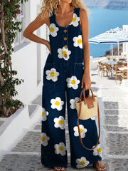 Women's Cute Little Flower Print Casual Denim Jumpsuit