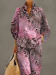 Women's Retro Leopard Art Print Casual 3/4 Sleeve Top And Pants Cotton Linen Suits