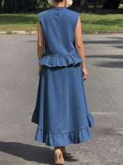 Women's Stand-up Collar Sleeveless Casual Loose Denim Top And High-waisted Casual Loose A-line Skirt Denim Set