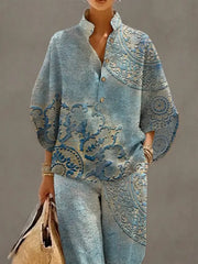 Women's Retro Floral Art Print Casual 3/4 Sleeve Top And Pants Cotton Linen Suits