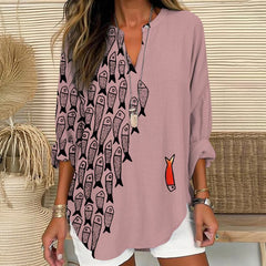 Dashingsoul Cute Simple Lines Abstract Geometric Fish Art Print V Neck Long Sleeve Blouse