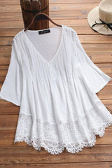 Solid Casual V-neck 3/4 Sleeves Plus Size Blouse