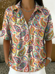 Women's Vintage Botanical Floral Casual Polo Collar Short-sleeved Linen And Cotton Shirt