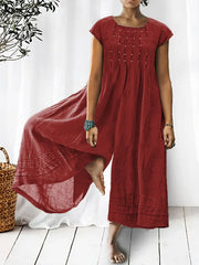 Women's Solid Color Art Casual Short Sleeve Cotton Linen Jumpsuit