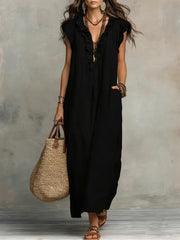 Ruffled Art Print Cotton-Linen Dress - Minimalist Sculptural Maxi
