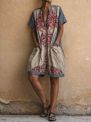Women's Retro-print V-neck Short-sleeve Jumpsuit — Loose-fit Cotton-linen Wide-leg Casual Romper