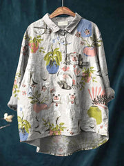 Vintage Lovely Dogs Art Print Casual Cotton And Linen Shirt
