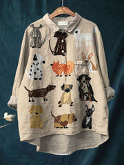 Women's Dog Art Print Casual Cotton And Linen Shirt