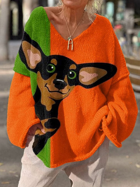 Women's Dog Art Print Casual Pullover Sweater
