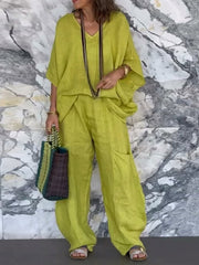 Women's Solid Color V-Neck 3/4 Sleeve Loose Top High Waist Casual Wide Leg Pants Set