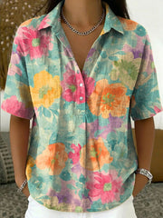 Women's Vintage Botanical Floral Casual Polo Collar Short-sleeved Linen And Cotton Shirt