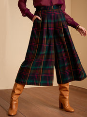 Women's Plaid Print High-Waisted Casual Cotton and Linen Cropped Wide-Leg Pants
