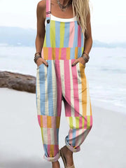 Women's Colourful Art Lines Print Casual Cotton Linen Wide Leg Jumpsuit