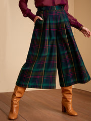 Women's Plaid Print High-Waisted Casual Cotton and Linen Cropped Wide-Leg Pants