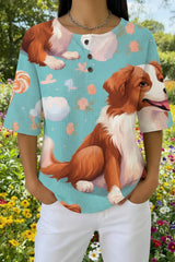 Womens Light Green Puppy Print Casual Waffle Cotton Shirt