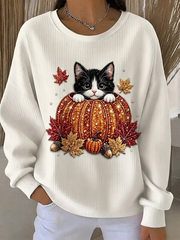 Casual Cat Crew Neck Long Sleeve Sweatshirt