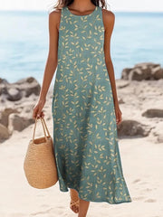 Women's Vintage Leaf Art Print Sleeveless Cotton Linen Comfy Tank Dress
