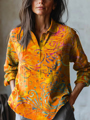 Women's Vintage Floral Pattern Art Print Casual Cotton And Linen Shirt