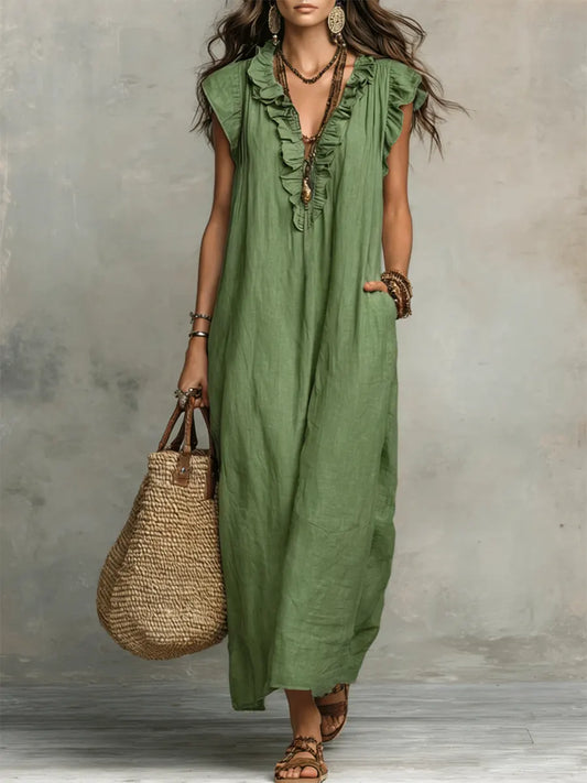 Ruffled Art Print Cotton-Linen Dress - Minimalist Sculptural Maxi