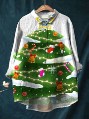 Christmas tree printed women's casual cotton and linen shirt