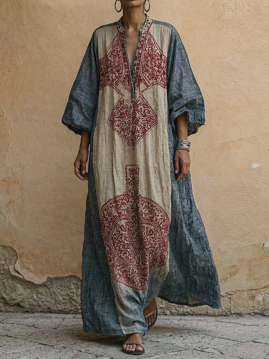 Women's Vintage-print V-neck 3/4-sleeve Casual Loose Cotton-linen Dress