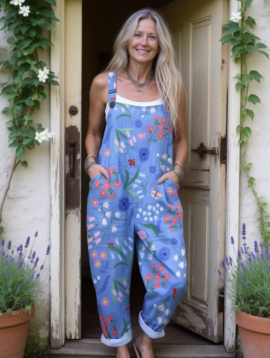 Women's Colorful Flower Art Print Casual Cotton Wide Leg Jumpsuit