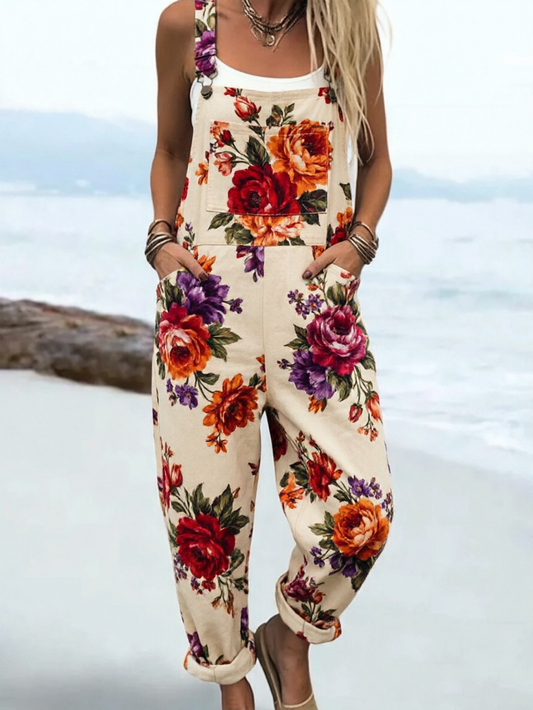 Women's Boho Chic Multi-Color Floral Print Linen Blend Jumpsuit