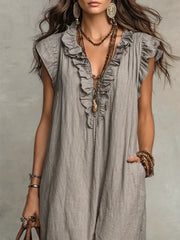Ruffled Art Print Cotton-Linen Dress - Minimalist Sculptural Maxi