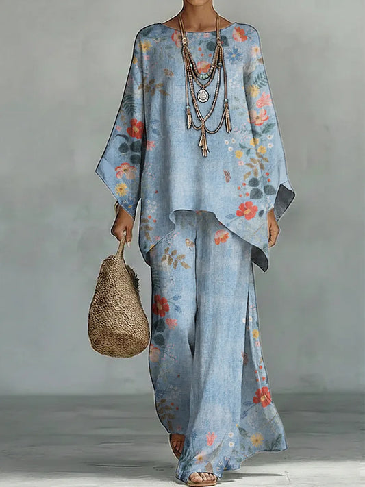 Women's Vintage Floral Art Comfortable Loose Cotton Linen Wide-leg Pants Two-piece Set