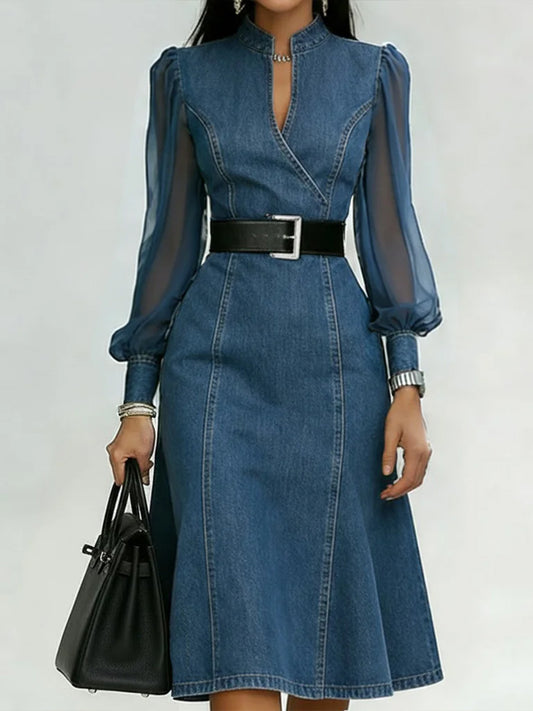 Organza Lantern Sleeve Denim Dress - Modern Patchwork Midi