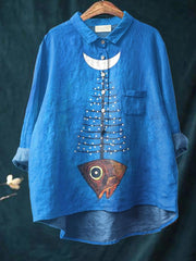 Fish Moon Art Pattern Print Casual Cotton And Linen Shirt
