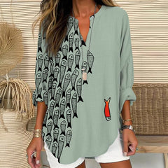 Dashingsoul Cute Simple Lines Abstract Geometric Fish Art Print V Neck Long Sleeve Blouse