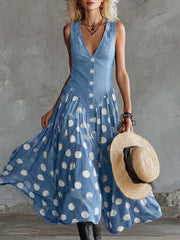 Women's V-neck Sleeveless Casual Loose Denim Patchwork Polka Dot Dress