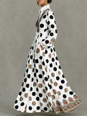 Classic Totem & Polka Dot Color-block Dress With Lapel, Cinched Waist, And Flared Skirt