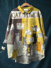 Vintage Funny Cats Art Print Casual Cotton And Linen Shirt