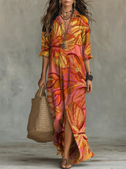 Women's Elegant Floral Decorative Patterns Long Sleeve 100%cotton Dress