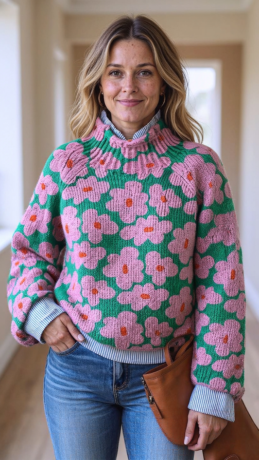 Women's Lovely Floral Art Print Knit Turtleneck Pullover Sweater
