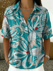 Women's Vintage Botanical Floral Casual Polo Collar Short-sleeved Linen And Cotton Shirt