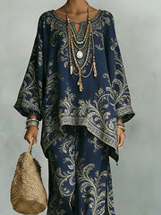 Women's Vintage Ethnic Floral Art Comfortable Loose Cotton Linen Wide-leg Pants Two-piece Set