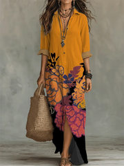 Women's Retro Floral Art Print Casual Long Sleeve Cotton Dress
