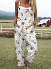 Women's Vintage Bee Floral Art Print Casual Cotton Wide Leg Jumpsuit