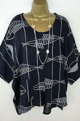 Geometric Print Crew Neck Half Sleeves Blouse