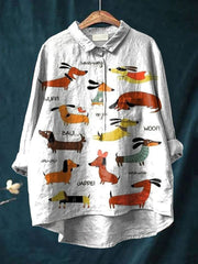 Women's Dog Print Casual Cotton And Linen Shirt