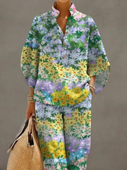 Women's Floral Art Print Casual 3/4 Sleeve Top And Pants Cotton Linen Suits