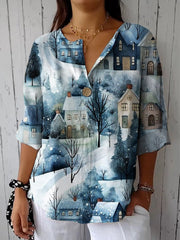 Women's Town Print Casual Cotton Linen Shirt