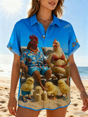 Women's Moisture-wicking Funny Beach Chicken Chest Pocket Hawaiian Shirt