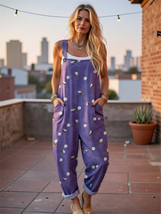 Women's Bee Art Print Casual Cotton Wide Leg Jumpsuit