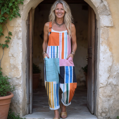 Women's Abstract Geometric Line Pattern Art Print Casual Cotton Wide Leg Jumpsuit
