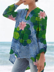 Women's Flower Print Casual Linen V-neck Shirt