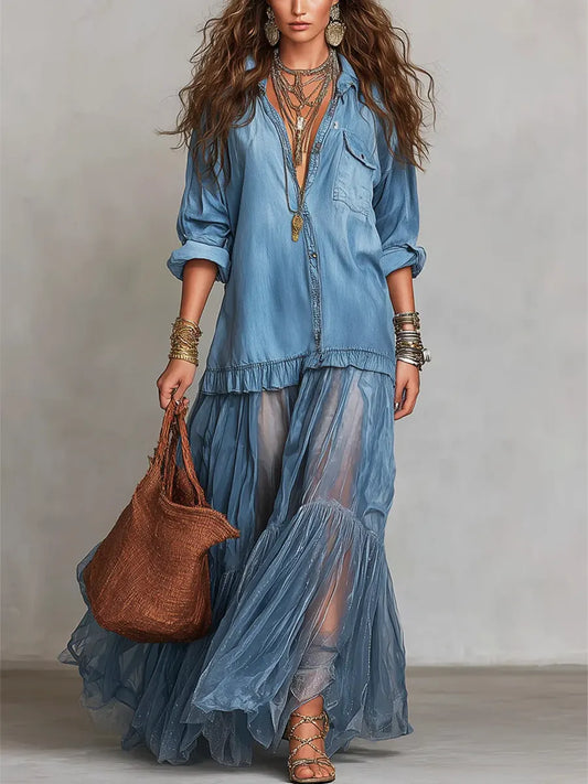 Mixed-Media Denim Art Dress - Elegant Organza Paneled Long Dress